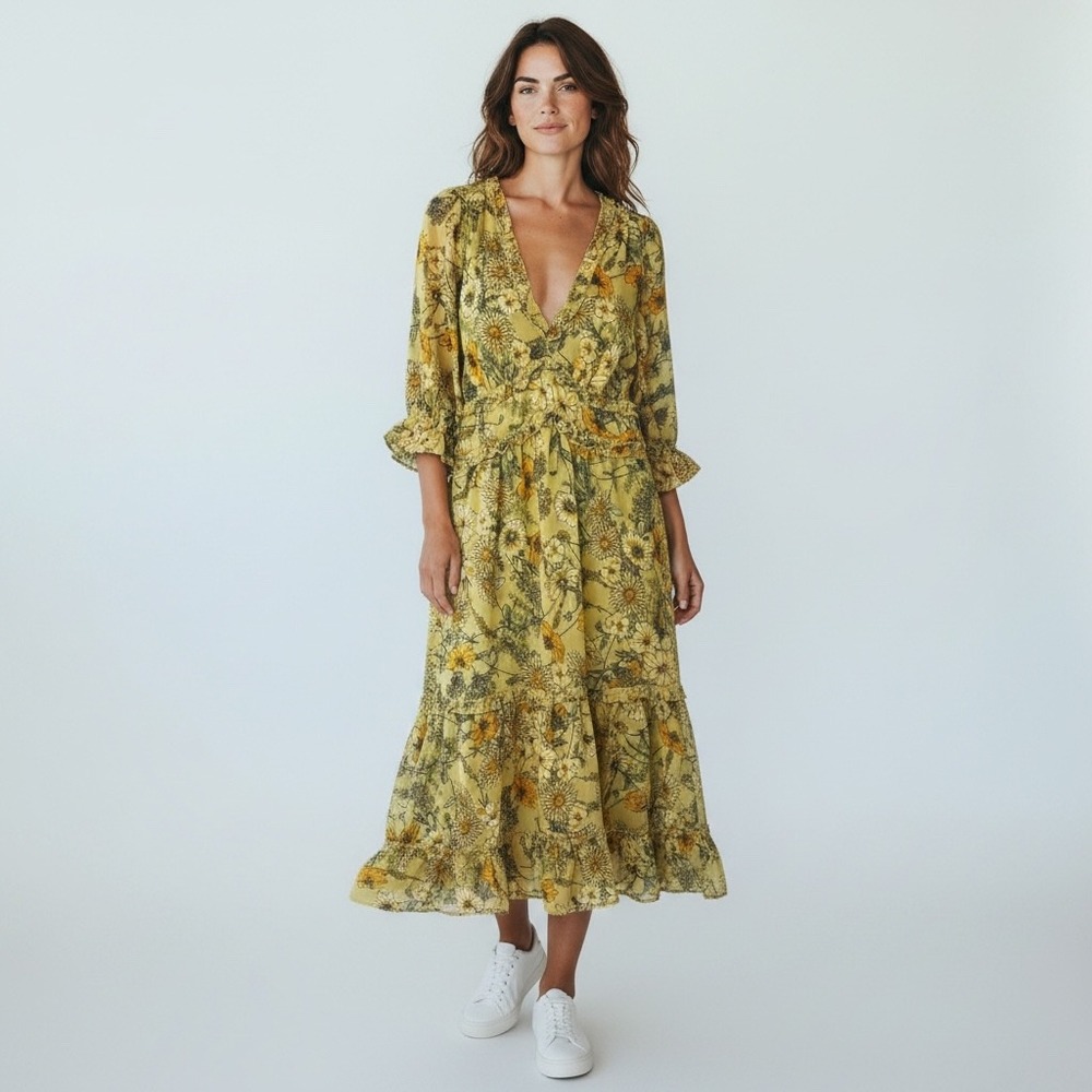 Charlotte Russe Yellow Floral Midi Dress Cottagecore Prairie Boho Smocked Medium